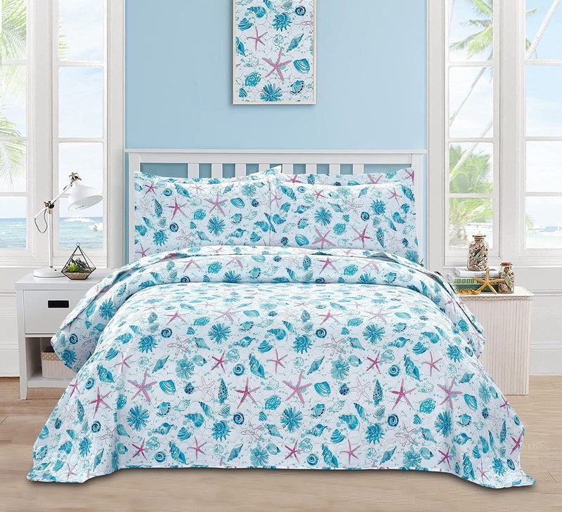 JessyHome Queen Size Quilts Beach Queen Quilt Set Collection Bedspread Coverlet Reversible Lightweight Bedding Pink Starfish Aqua Home Quilt Set - Image 1